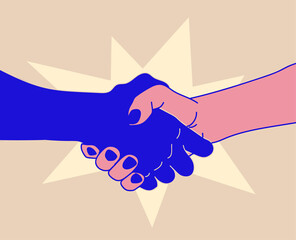 Wall Mural - Handshake concept with two different colored shaking hands. Deal or greeting or meeting or contract concept vector illustration.