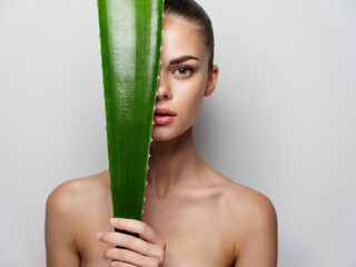 Wall Mural - nude woman with green aloe leaf on light background cropped view model