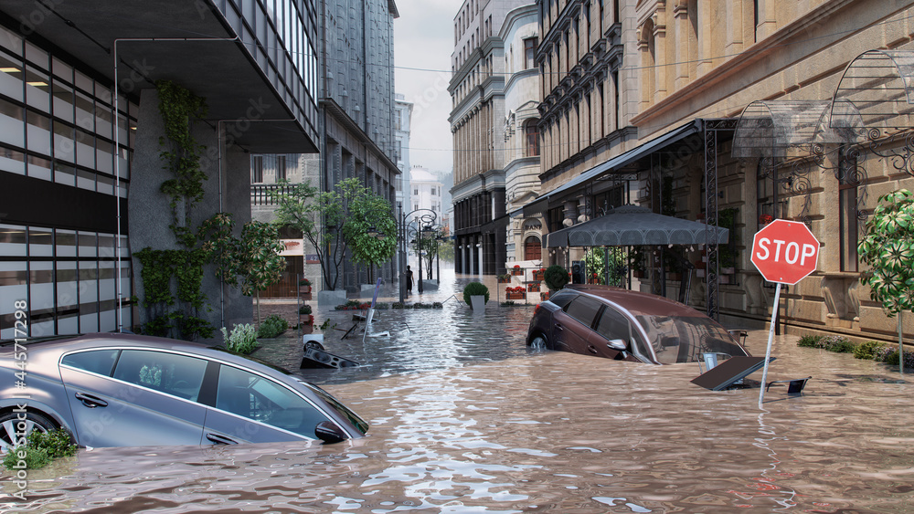 Europe floods: extreme rainfall caused rivers to burst their banks. Flood with high water disaster in Europe, flooding houses, submerged vehicles with rising water. Global warming, climate change 3D - obrazy, fototapety, plakaty 