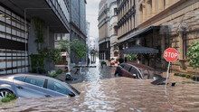 Europe Floods: Extreme Rainfall Caused Rivers To Burst Their Banks. Flood With High Water Disaster In Europe, Flooding Houses, Submerged Vehicles With Rising Water. Global Warming, Climate Change 3D