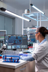 Wall Mural - biochemistry doctor analyzing virus infection developing pharmaceutical treatment discovering medica