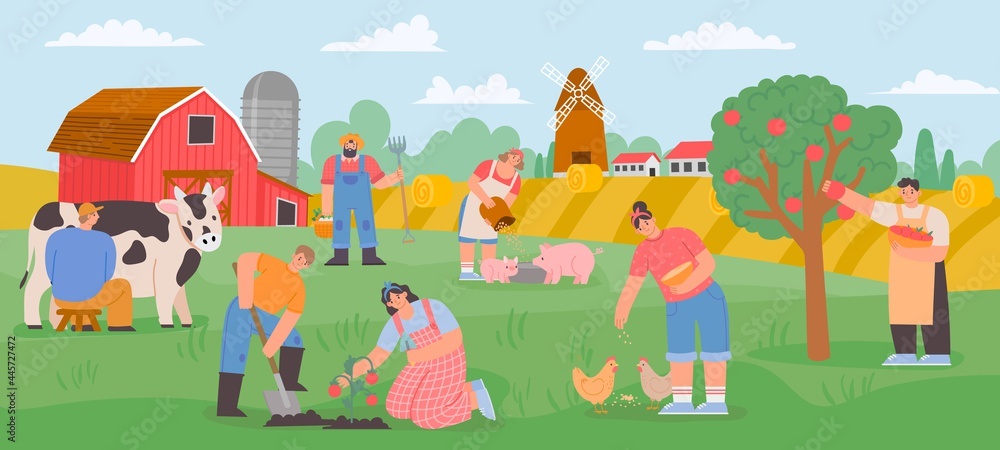 Farming landscape with workers. Countryside farmer community feed animals, milk cow and grow vegetables and fruits. Flat farm vector concept - obrazy, fototapety, plakaty 
