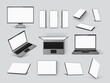 Gadgets mockups. Realistic laptop, mobile phone, computer monitor screen and tablet in front, angle and top view. 3d smart device vector set