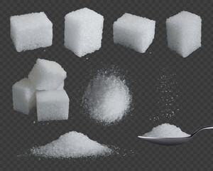 Realistic sugar. 3d glucose in cubes and powder. White grain sugar in spoon, pile top and side views. Sweet fructose seasoning vector set