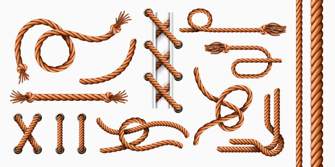 Poster - Realistic rope elements. Curved sailor jute ropes with loops and knots, hemp cord brushes and thread with tassel. Rope in holes vector set