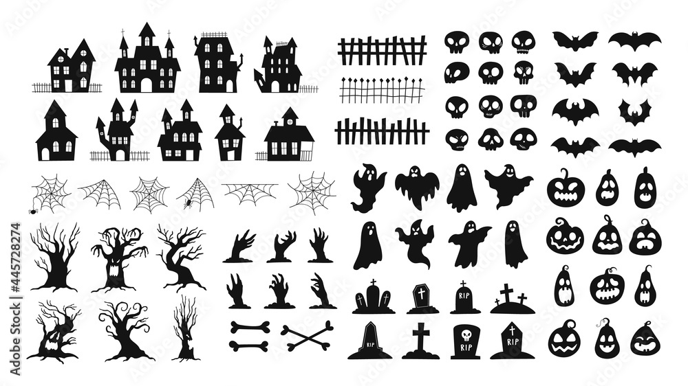 Halloween silhouettes. Spooky decorations zombie hands, scary tree, ghosts, haunted house, pumpkin faces and graveyard tombstones vector set - obrazy, fototapety, plakaty 