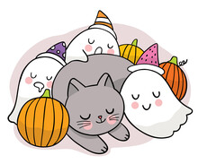 Cartoon Cute Hand Draw Black Cat And Ghosts Sleep And Pumpkin, Halloween Day Vector.