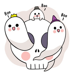 Cartoon cute hand draw ghosts and big head bone, Halloween day vector.