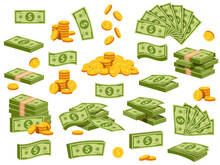Cartoon Banknotes And Coins. Green Dollar Bill Packs, Bundles, Stacks And Piles. Flying Banknote And Falling Gold Coin. Bank Cash Vector Set