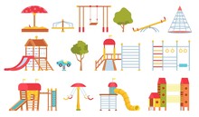 Playground Equipment. Kids Park Carousels, Swings And Game Modules With Slides. Climbing Wall And Sandpit. Flat Outdoor Play Area Vector Set