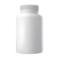 Wall Mural - Pill bottle. Vitamin supplement white container mockup. Plastic capsule package pharmacy template. 3d medicament can design for cure drugs, medical prescription antibiotic. Supplement jar