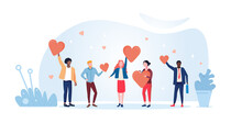 Concept Of Charity And Donation. People Hold Hearts In Their Hands And Give Them To Those In Need. A Metaphor Of Kindness And Responsiveness. Cartoon Flat Vector Illustration On A White Background