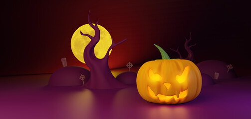 Wall Mural - Halloween banner with pumpkin decoration on dark background and copy space. 3d rendering illustration