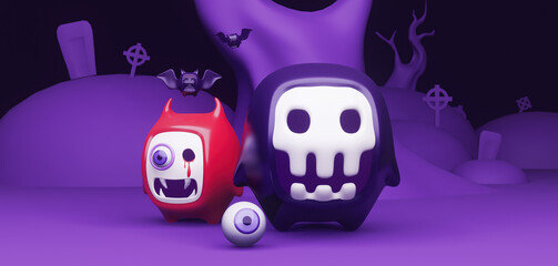 Wall Mural - Halloween banner with funny ghost cartoon character on dark background and copy space. 3d rendering illustration