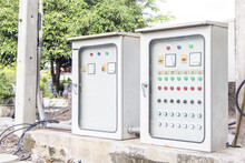 Temporary Electrical Distribution Electric Small Control Two Box Outdoor For Small Business, Main Substation, Clipping Path, Breaker And Power Button To Distribute Electricity Supply. Selective Focus.
