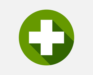 Green plus sign. Vector icon. Cross symbol of safety guidance.