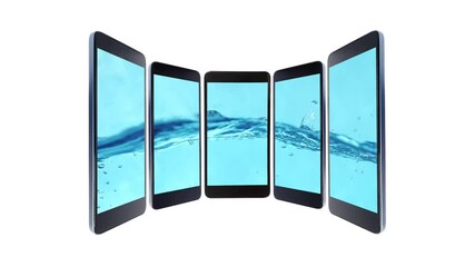 Creative video of smartphones with water wave slow motion video on their screens.