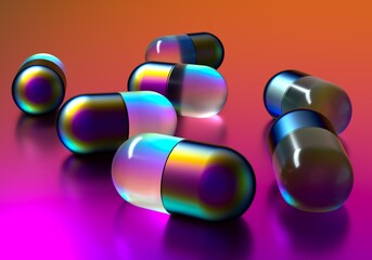 Poster - Heap of capsules in holographic iridescent colors. 3D illustration.