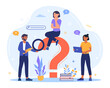 © Rudzhan - Ask question concept. The characters are looking for a solution to their problem on the Internet. A big question mark. Cartoon modern flat vector illustration isolated on a white background