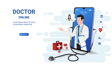 Wall Mural - Doctor online on smartphone app with male doctor. Online medical clinic, online medical consultation, tele medicine. Online healthcare and medical consultation. Social distancing. 3D vector