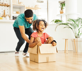 Wall Mural - child family father fun happy girl happiness daughter box together relocation moving cardboard box black