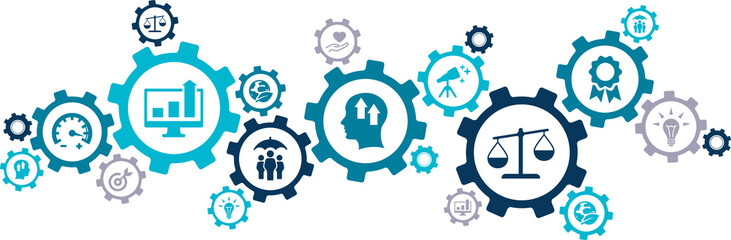 Core values vector illustration. Blue concept with no people and icons related to company mission statement or business ethics, corporate integrity, management vision, industry standards.