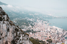 Panoramic View Of Monaco, Bay, Buildings, Cliffs And Sea Coast From Mountain Top. Beautiful Summer Cityscape. Travel Europe. View From Above.