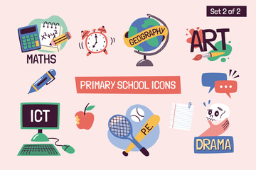 School subjects educational icons. Hand-drawn vector labels with primary school subjects. Perfect for timetables, websites, school apps, sticker design, etc