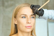 Close up procedure beauty salon make eyebrows paint with a brush with eyebrow dye