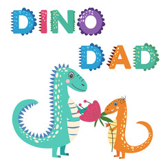 Love you dad hand drawn lettering with baby and parent Dino characters illustration for father s day card, banner.