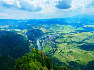 Wall Mural - view of mountains, Landscape with trees and blue sky, Pieniny moutains, Poland, Dunajec river