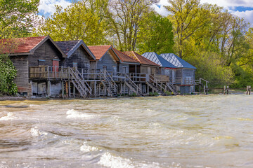 Wall Mural - Ammersee, Bavaria, Germany, boat houses on the water