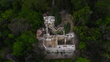 Aerial View Of An Abandoned Old Mansion Called Dacha Kvitko, Sochi, Russia. Gloomy And Scary Uninhabited Old House.