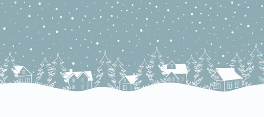 Winter background. Seamless border. Christmas landscape. White silhouettes of houses and fir trees on a gray-blue background. Vector illustration