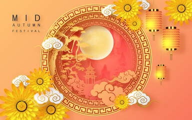 Mid Autumn festival moon goddess chang e with rabbit and moon, mooncake ,flower,chinese lanterns with gold paper cut style on color Background. ( Chinese Translation : Mid Autumn festival )