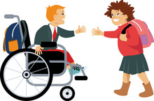 Little Schoolgirl Greeting Her Classmate Who Is In A Wheelchair, EPS 8 Vector Illustration