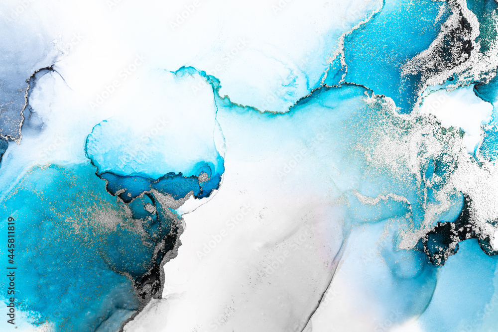Blue silver abstract background of marble liquid ink art painting on paper . Image of original artwork watercolor alcohol ink paint on high quality paper texture . - obrazy, fototapety, plakaty 