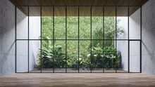Empty Room With Large Window To See Wooden Courtyard And Green Tropical Tree Wall Background 3d Render Illustration