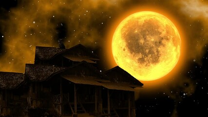 Wall Mural - Full moon and cloudy over an old house