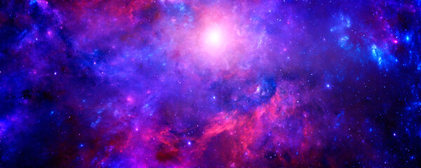 Poster - A cosmic background with a blue-red nebula and shining stars in an infinite universe