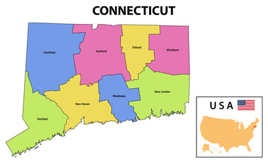  Connecticut Map. State and district map of Connecticut. Administrative and political map of Connecticut with names and color design.