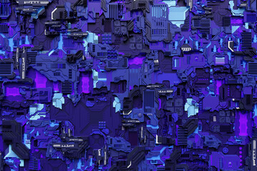 3d illustration of a pattern in the form of a metal, technological plating of a spaceship or a robot. Abstract Graphics in the style of computer games. Close up of the blue cyber armor on neon lights