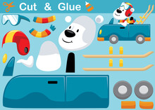 Cartoon Of Polar Bear Wearing Helmet And Craft On Car Carrying Snowboard. Education Paper Game For Children. Cutout And Gluing