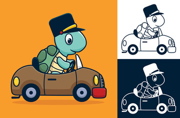 Canvas Print - Turtle wearing hat on car. Vector cartoon illustration in flat icon style