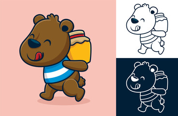 Canvas Print - Funny bear carrying honey jar on its back. Vector cartoon illustration in flat icon style