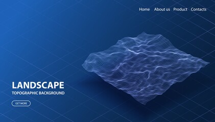 Particles landscape concept. Relief wave isometric illustration. Topology map wireframe. Blue neon contour ground. Geolocation world service.