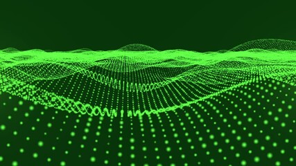 Canvas Print - Green glowing technology wave particles with dark blue background