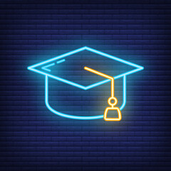 Graduate hat icon glow neon style, educational institution process, back to school outline flat vector illustration, isolated on black.