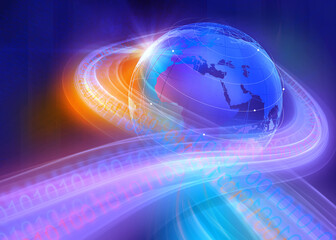 Wall Mural - illustration of a graphical digital binary code around the world through the space background