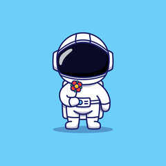 Wall Mural - Cute astronaut carrying red flower